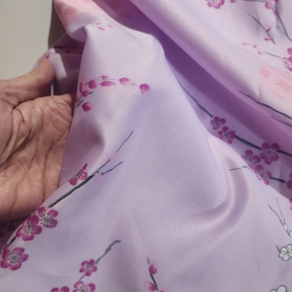 Vtg Maruky Kyoto Tokyo Kimono Wrap Robe Lavender Satin Cherry Blossoms Maxi - Picture 10 of 11